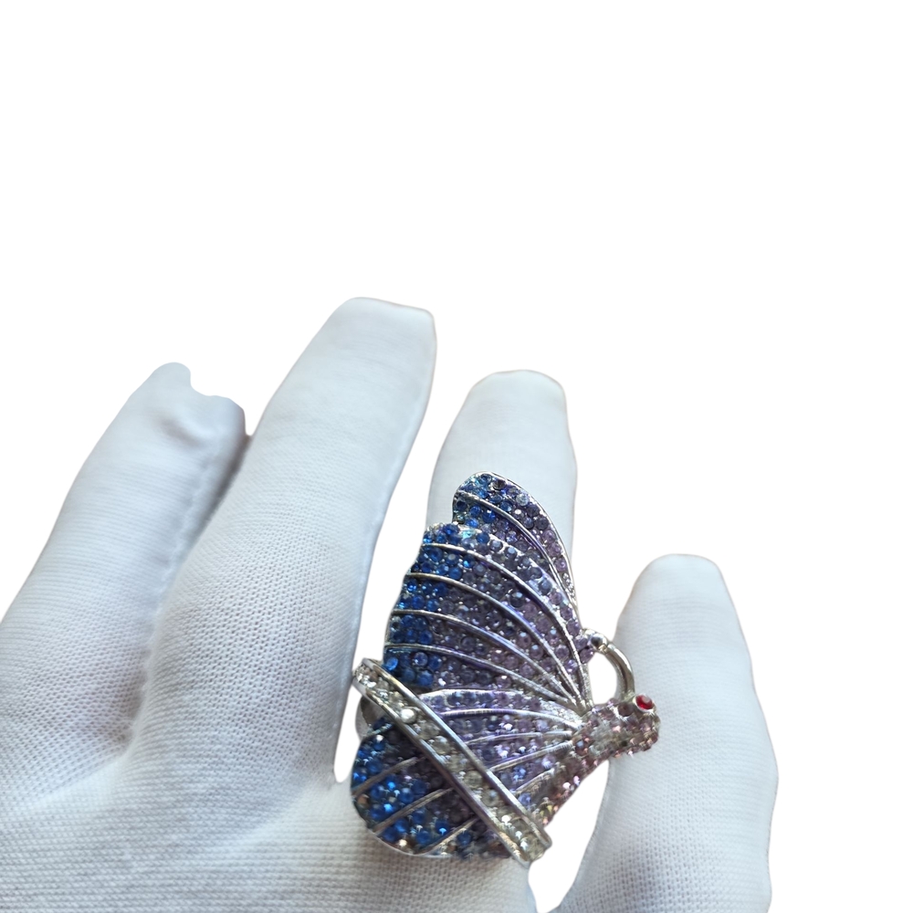 Elegant Crystal Silver and Purple Butterfly Statement Ring